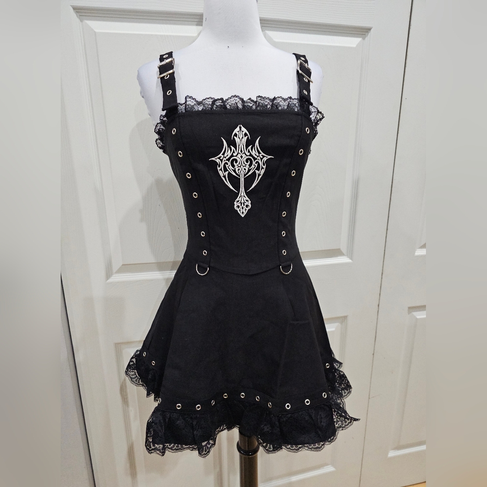 Dolls Kill Black Gothic Lace Mini Dress with Cross Motif